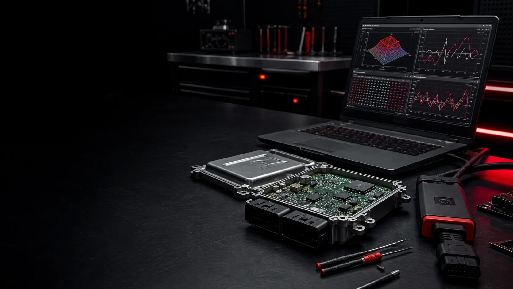 Sterownik ECU, diagnostyka i laptop używane do indywidualnego chiptuningu w NoordTune.nl