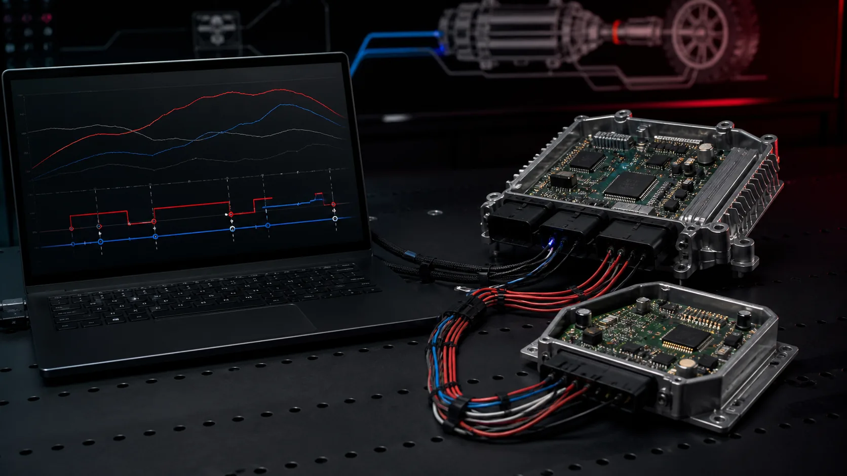 ECU en TCU op een testbank met koppelcurves op een laptop