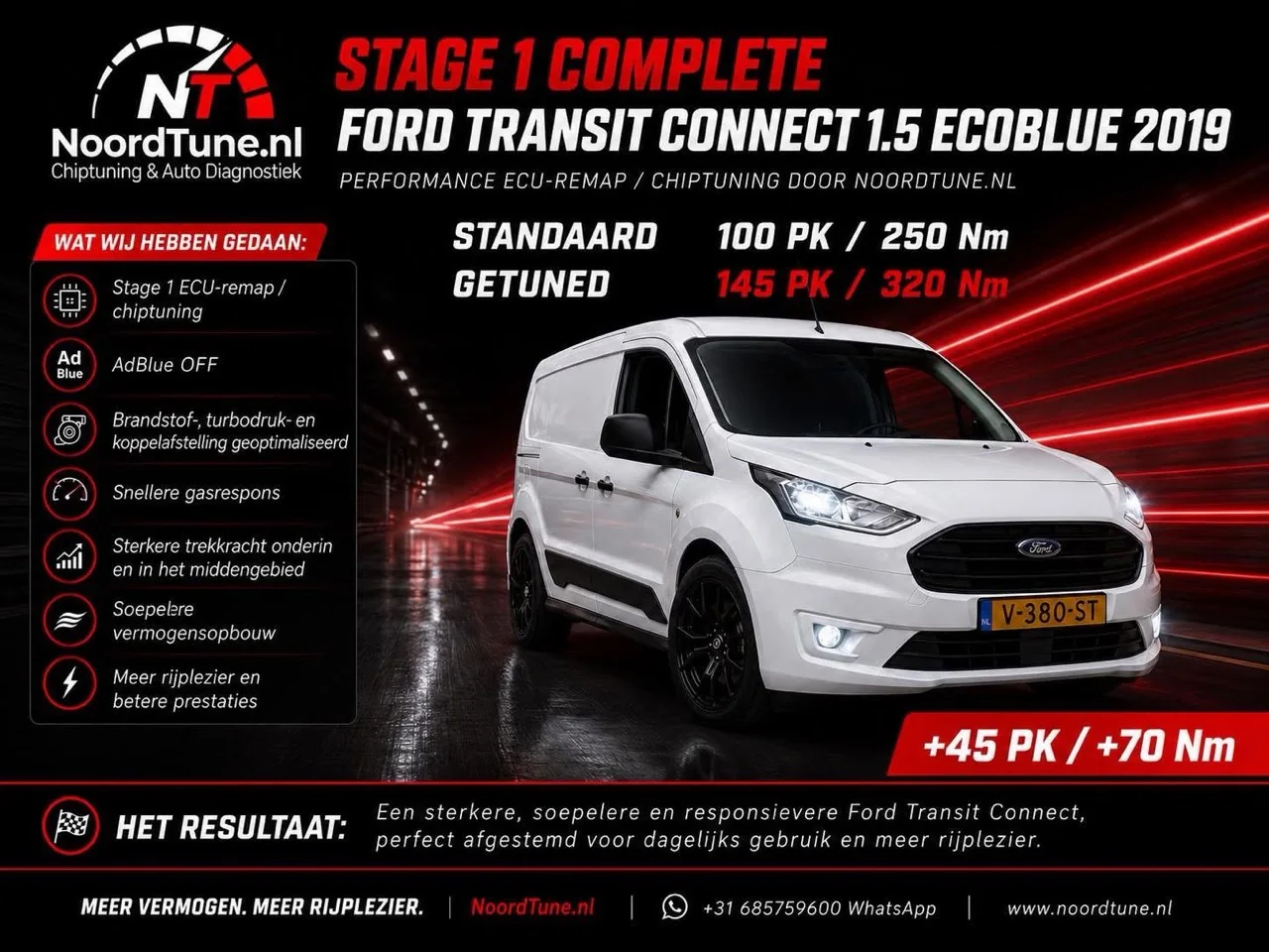 Ford Transit Connect 1.5 EcoBlue 2019 Stage 1 ECU remap result at NoordTune.nl